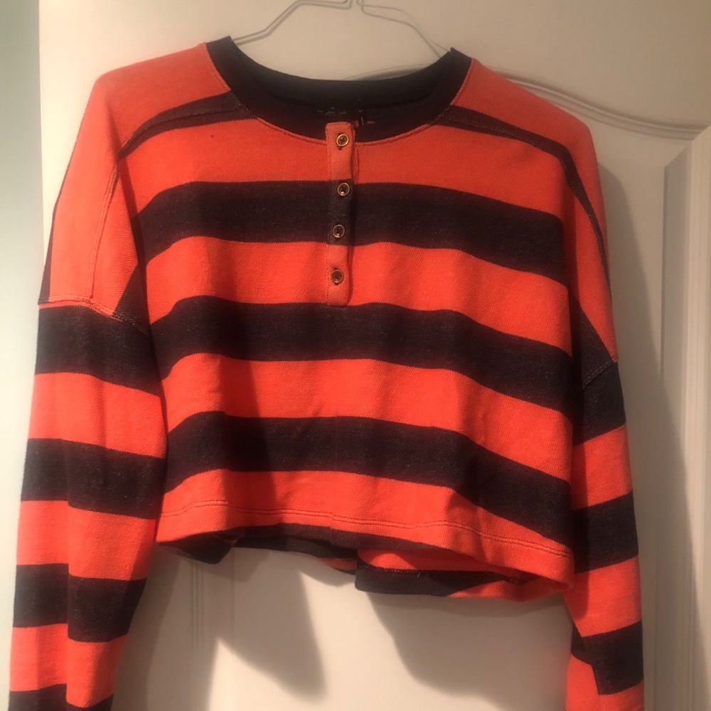 Striped Henley Button Cropped Long Sleeve